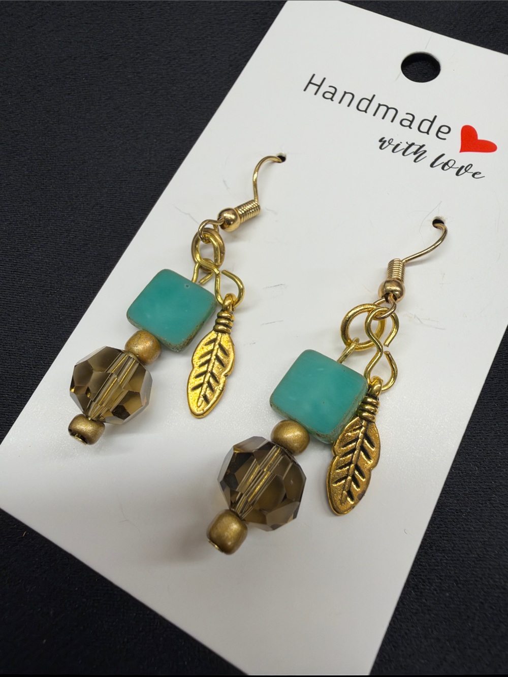 NEW Handmade Gold-Tone Teal Bead Dangle Earrings